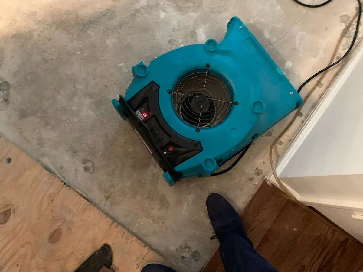 Air mover drying subfloor during Commercial Water Damage Restoration in Monrovia